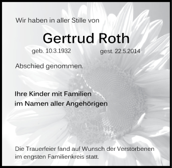 Traueranzeige von Gertrud Roth von Pegnitz-Zeitung